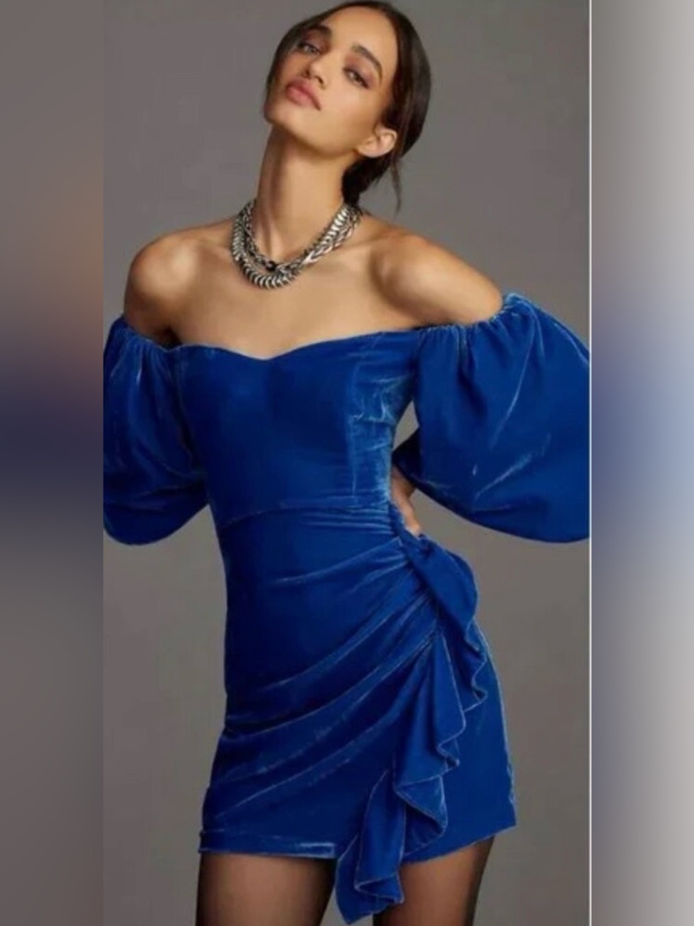 RHODE Adrian Blue Velvet Off Shoulder Mini Dress Size 0